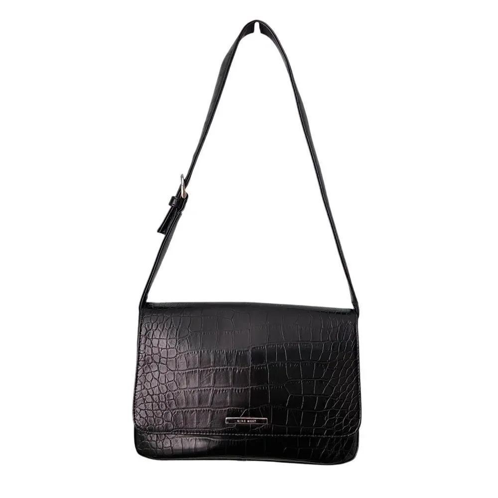 Nine West Elegant Black Faux Crocodile-Embossed Pattern Shoulder Bag in One Size